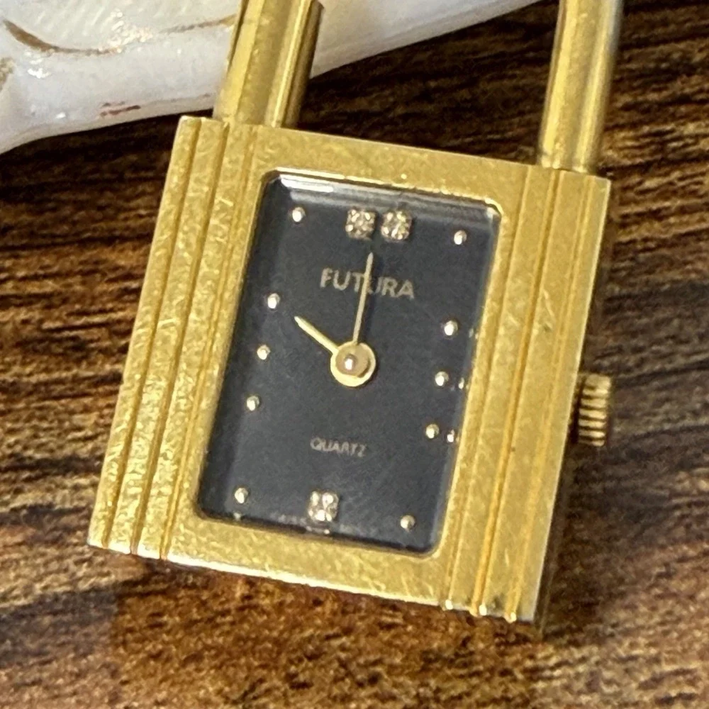 Vintage 80s FUTURA Gold Tone Crystal Padlock Bracelet Watch Black Strap Untested
